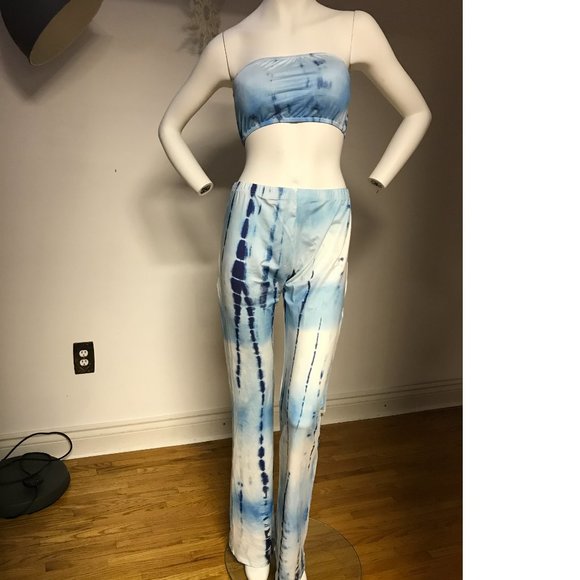 Tie Dye Rainbow sky blue white Bandeau Bikini crop top pants suit stretchy - Picture 3 of 3